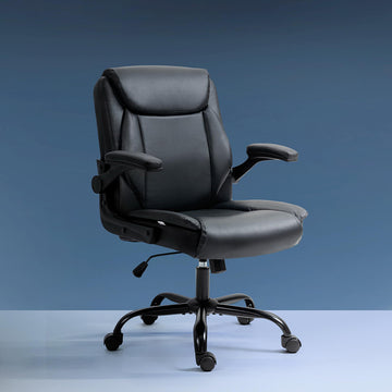 Black PU leather mid-back executive chair with flip-up armrests in down position on blue-grey background