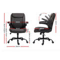 Dark brown PU mid-back chair dimensions: 67cm wide, 95-103cm tall, 48cm seat depth with 90-degree flip-up armrests shown