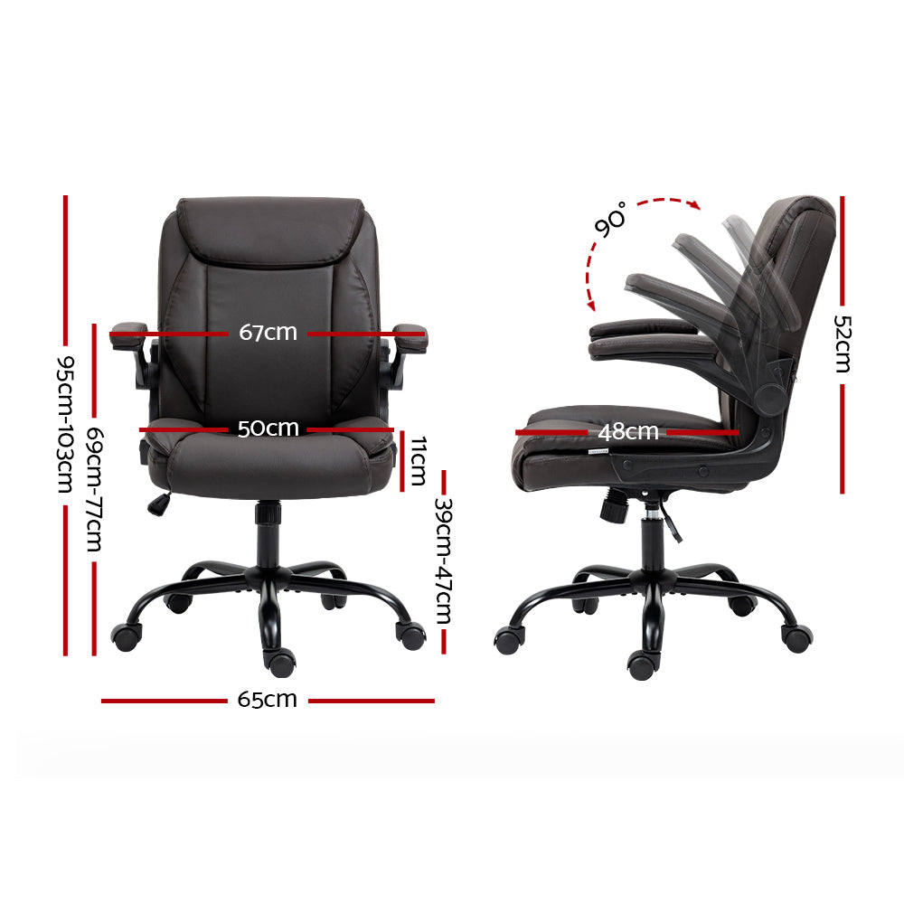 Dark brown PU mid-back chair dimensions: 67cm wide, 95-103cm tall, 48cm seat depth with 90-degree flip-up armrests shown