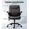 Dark brown PU mid-back chair features diagram showing PU leather, flip-up armrests, padded seat and height adjustment