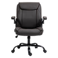 Dark brown PU leather mid-back office chair front view with flip-up armrests in lowered position on white background