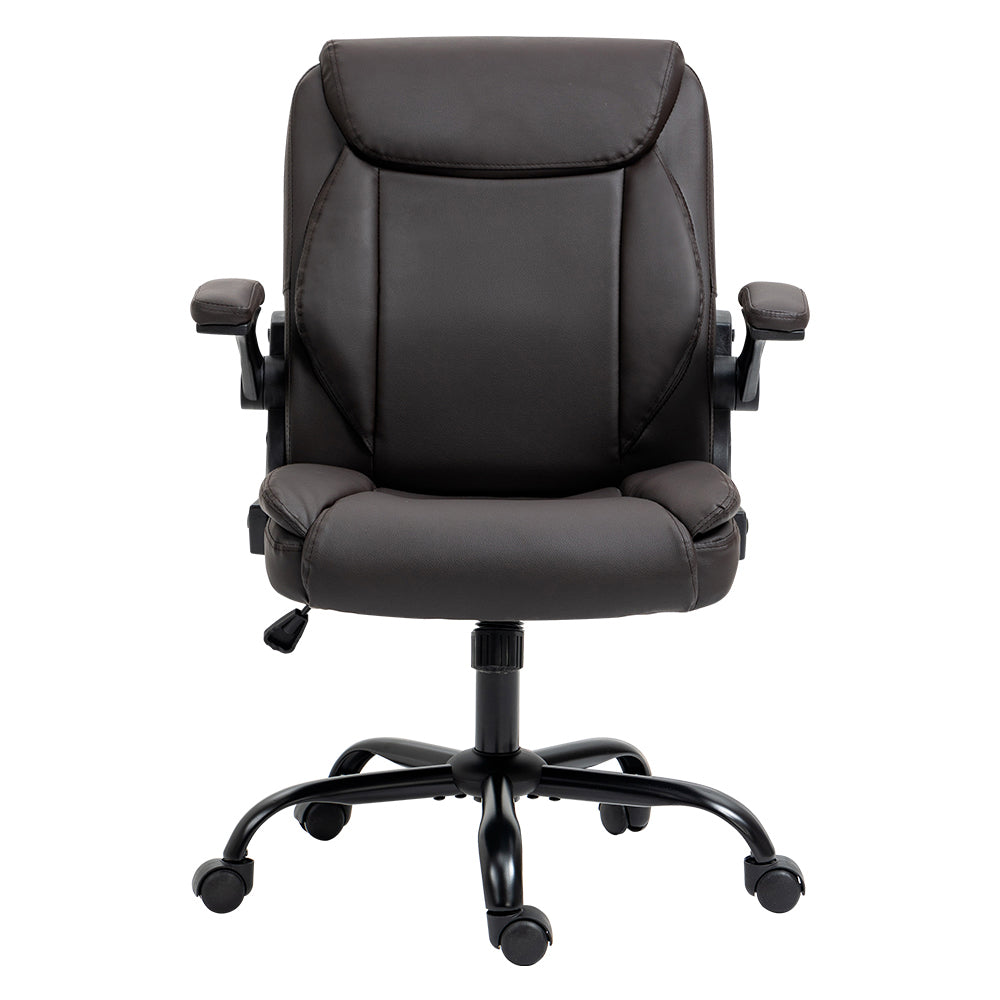 Dark brown PU leather mid-back office chair front view with flip-up armrests in lowered position on white background