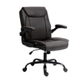 Dark brown PU mid-back executive chair with silver flip-up armrests and chrome base, three-quarter angle view
