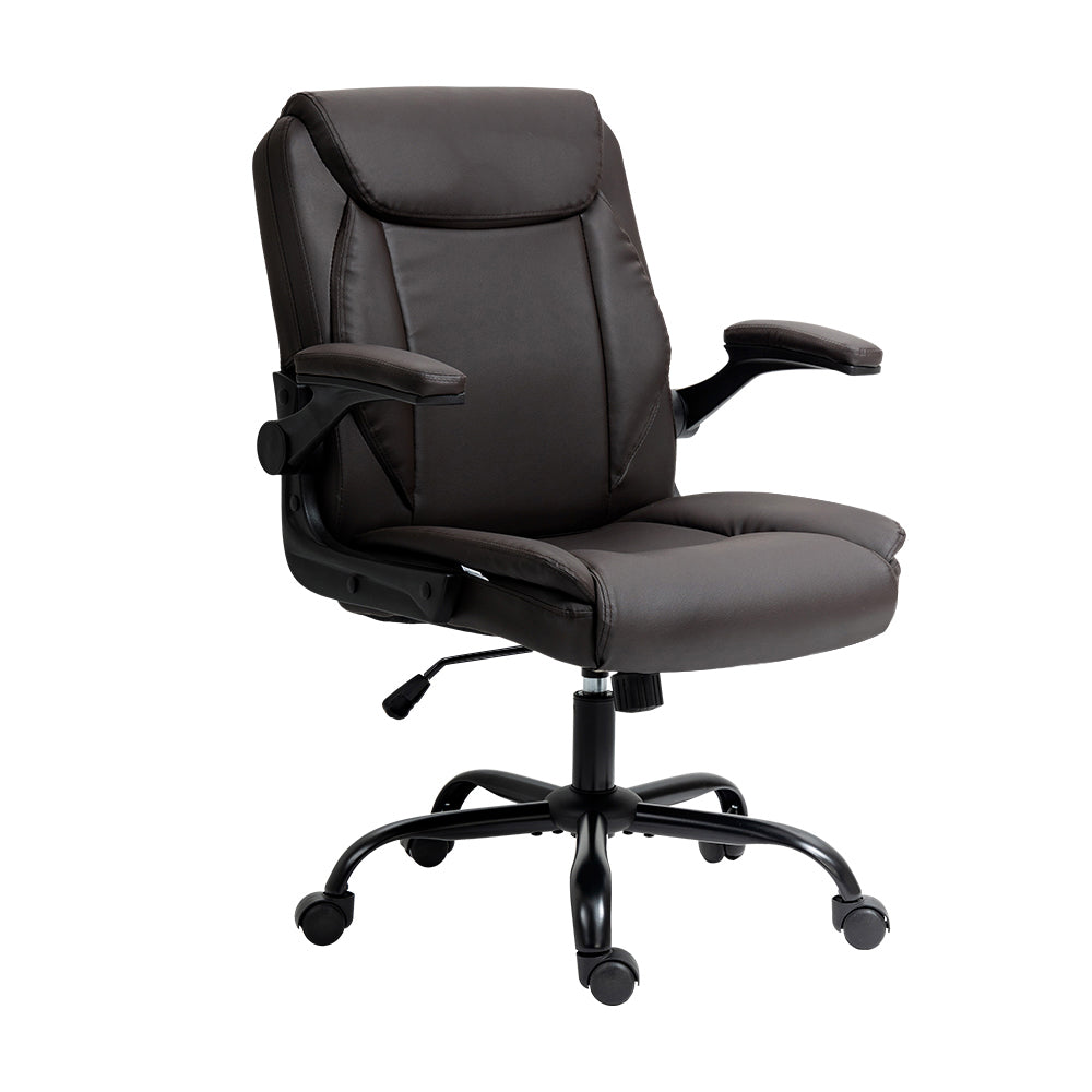 Dark brown PU mid-back executive chair with silver flip-up armrests and chrome base, three-quarter angle view