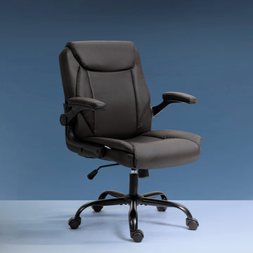 Dark brown PU leather mid-back executive chair with flip-up armrests in lowered position on blue-grey background