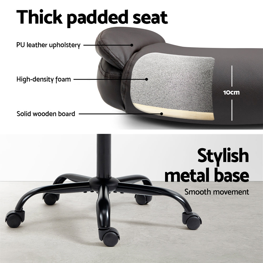 Dark brown PU mid-back chair seat showing PU leather, 10cm high-density foam and wooden board with black metal base