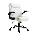 White PU leather mid-back office chair with flip-up armrests in down position, three-quarter angle on white background