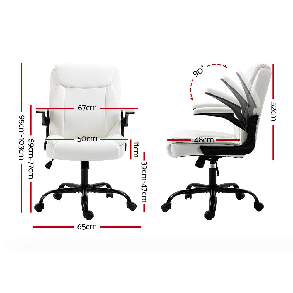 White PU mid-back executive chair with silver flip-up armrests and chrome base on blue gradient background