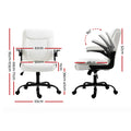 White PU mid-back chair dimensions showing 67cm width 95-103cm height with 90-degree flip armrest arc diagram