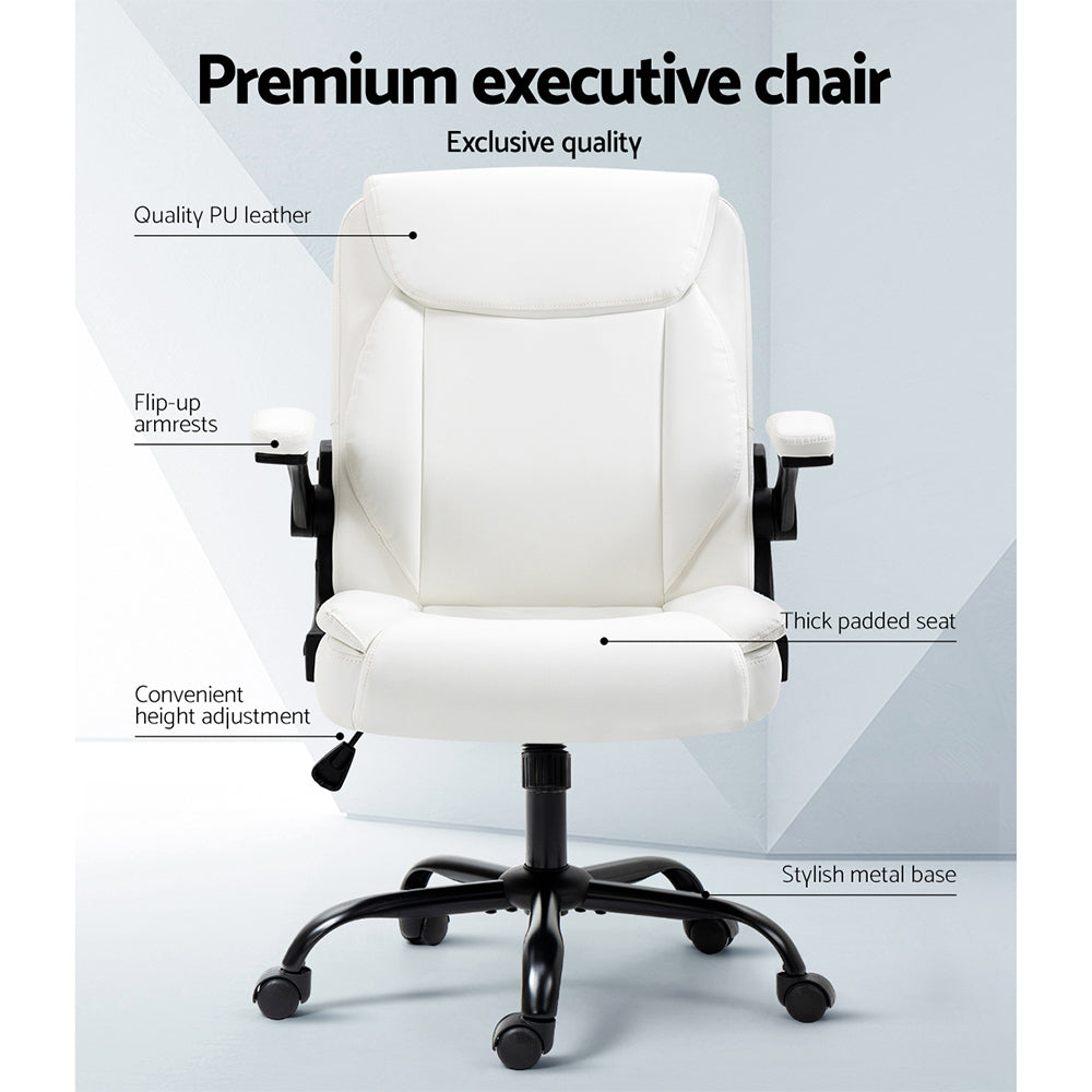 White PU mid-back office chair features diagram labelling PU leather, flip-up armrests, padded seat and metal base