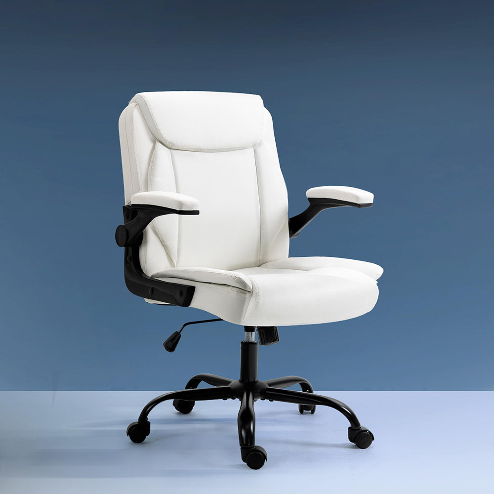 White PU mid-back executive chair with silver flip-up armrests and chrome base on blue gradient background