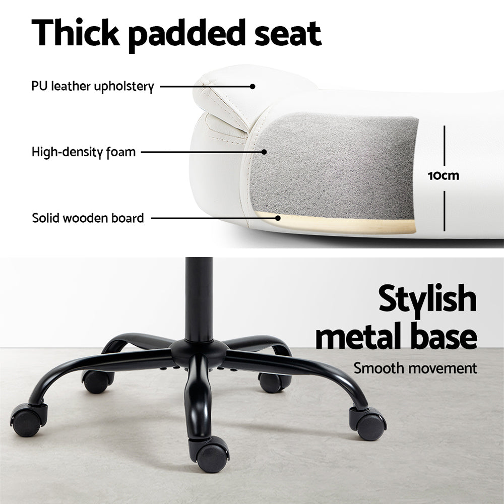 White PU mid-back chair seat cross-section showing PU leather, 10cm high-density foam and wooden board with black metal base
