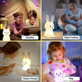 4-panel lifestyle grid: rabbit night light used for Reading, Night Feeding, Diaper change and Play in home settings