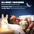 Child sleeping with rabbit night light on bedside table, text All-Night Companion: Constant Light 11 hrs, Color Mode 10 hrs