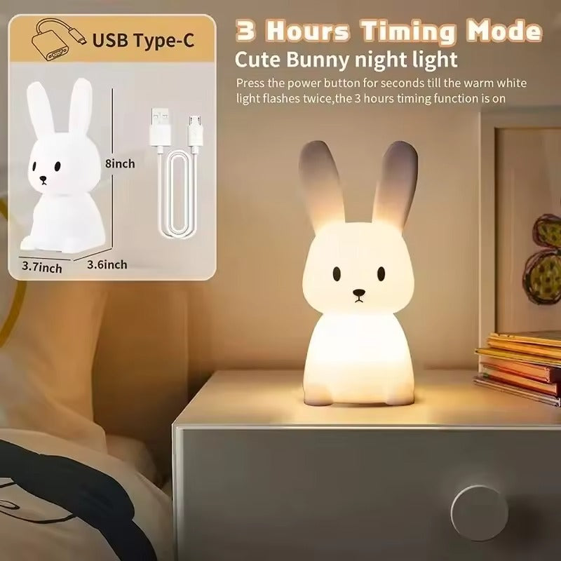 Silicone rabbit night light glowing warm on bedside table, size inset 8in tall 3.7x3.6in, text 3 Hours Timing Mode USB Type-C