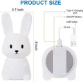 Rabbit night light dimensions: 3.7in wide, 8in tall; bottom view shows Type-C charging port, ON/OFF button, 24in USB cable