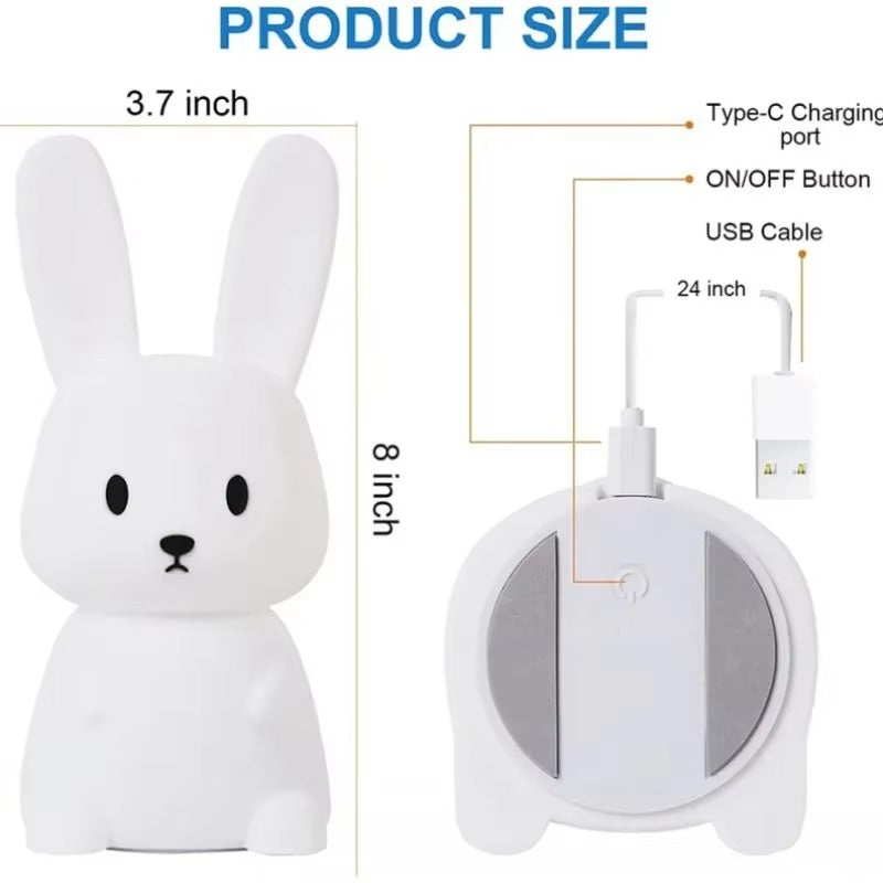 Rabbit night light dimensions: 3.7in wide, 8in tall; bottom view shows Type-C charging port, ON/OFF button, 24in USB cable