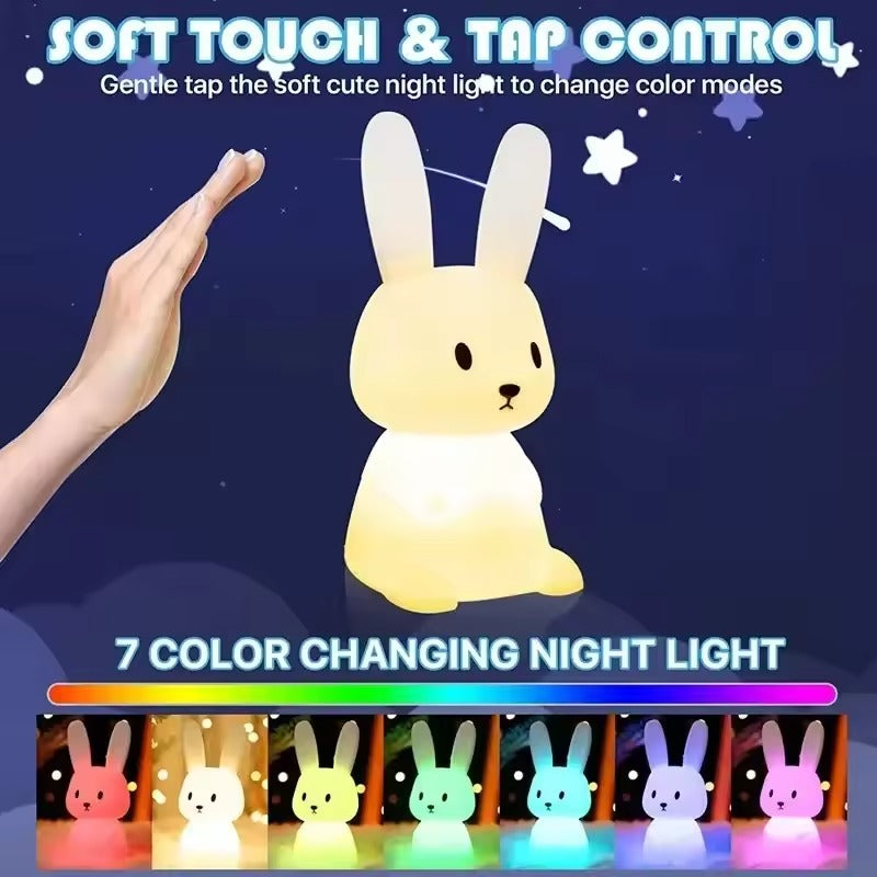 Rabbit night light tap control: hand tapping yellow rabbit, text Soft Touch Tap Control, 7 colour mode thumbnails below