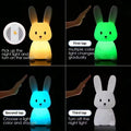 4-panel guide: rabbit light glows yellow on switch, green first tap colour cycle, blue second tap to hold, third tap off