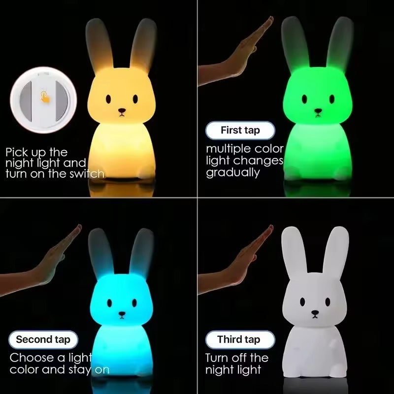 4-panel guide: rabbit light glows yellow on switch, green first tap colour cycle, blue second tap to hold, third tap off