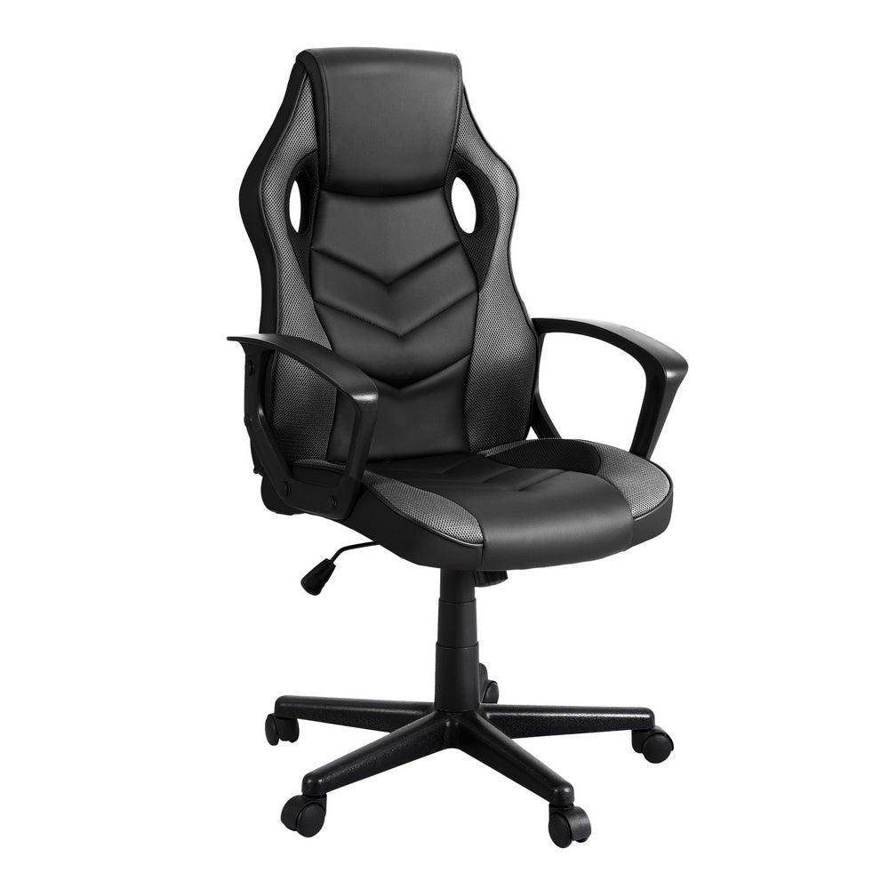 Black and grey PU mesh racing-style gaming chair three-quarter angle view on white background, fixed armrests