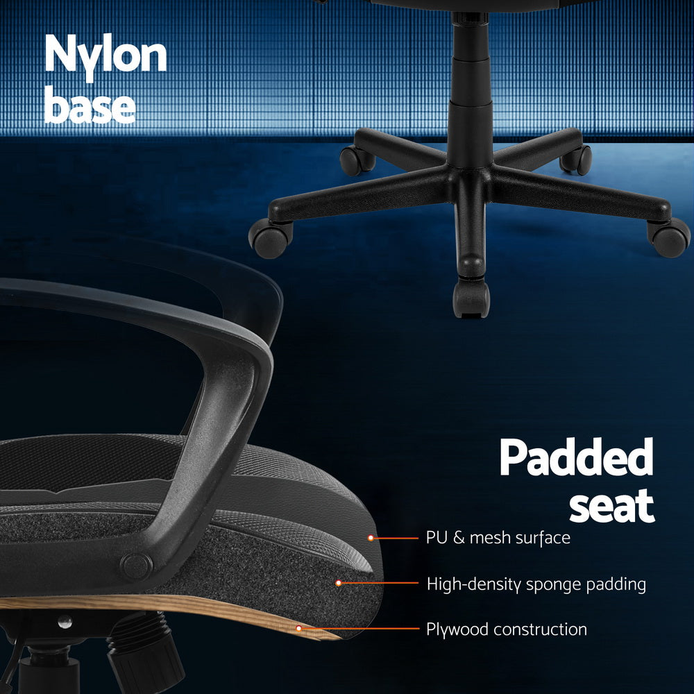Black grey gaming chair nylon base and padded seat: PU mesh surface, high-density sponge padding, plywood construction