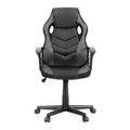 Black and grey PU mesh racing-style gaming chair front view on white with fixed armrests and black nylon base