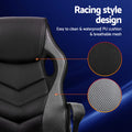 Racing gaming chair black grey infographic: PU cushion and breathable mesh side close-ups on dark blue background