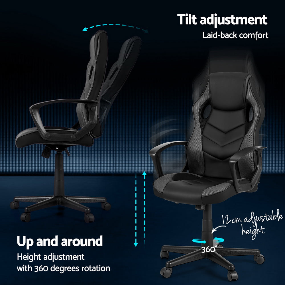 Black grey gaming chair tilt adjustment and up and around: 12cm adjustable height and 360-degree rotation on dark background