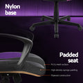 Black purple gaming chair nylon base and padded seat: PU mesh surface, high-density sponge and plywood on dark background