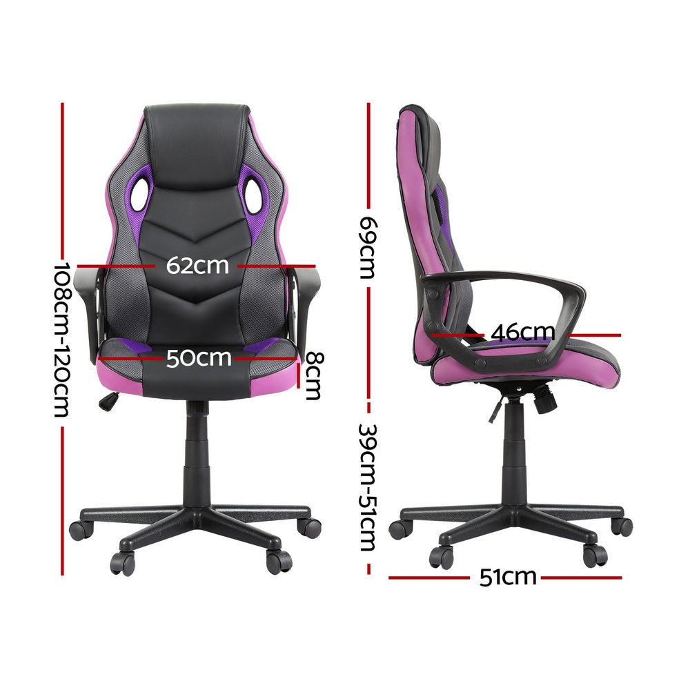 Black and purple PU mesh racing-style gaming chair angle view on stadium football pitch lifestyle background