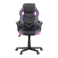 Black and purple PU mesh racing-style gaming chair front view on white with fixed armrests and black nylon base