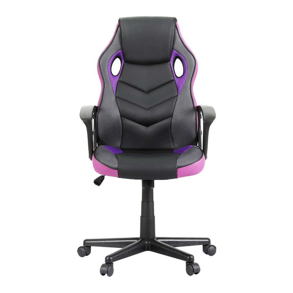 Black and purple PU mesh racing-style gaming chair front view on white with fixed armrests and black nylon base