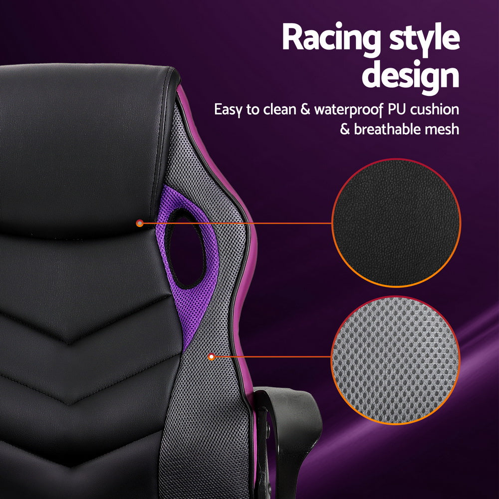 Racing gaming chair black purple infographic: PU cushion and breathable mesh close-ups on purple background
