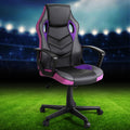 Black and purple PU mesh racing-style gaming chair angle view on stadium football pitch lifestyle background