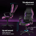 Black purple gaming chair tilt and up and around: 12cm adjustable height and 360-degree rotation on dark background
