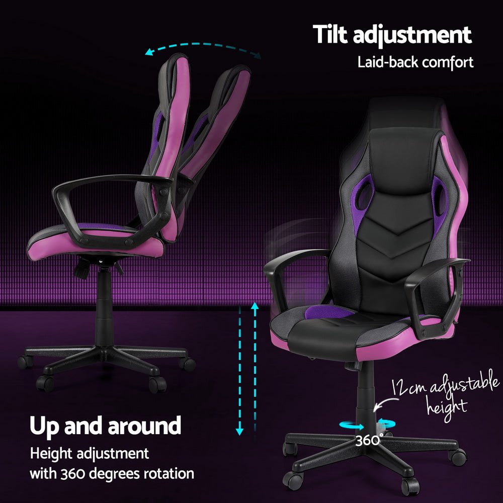 Black purple gaming chair tilt and up and around: 12cm adjustable height and 360-degree rotation on dark background