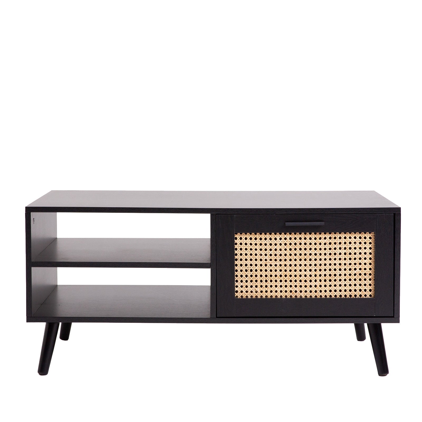Black coffee table with rattan weave sliding door on right, open double shelf on left and black tapered legs, white background
