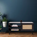 Black rattan coffee table against teal wall with books on shelves, small speaker on top and potted plant beside