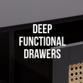 Black rattan coffee table feature callout showing open storage section with text reading Deep Functional Drawers