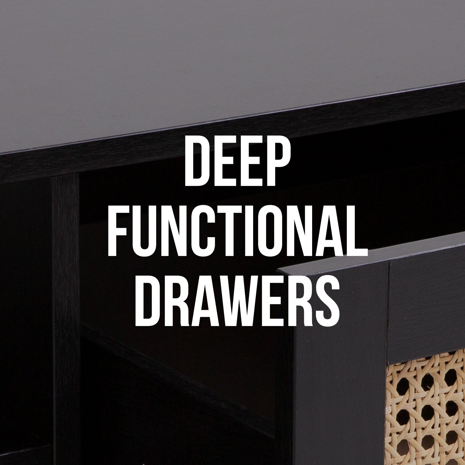 Black rattan coffee table feature callout showing open storage section with text reading Deep Functional Drawers