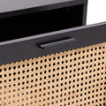 Close-up detail of black bar handle on rattan weave sliding door with storage compartment visible above