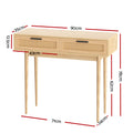 Rattan console table dimensions diagram: 90×35×78cm, drawer depth 43cm, leg height 62cm