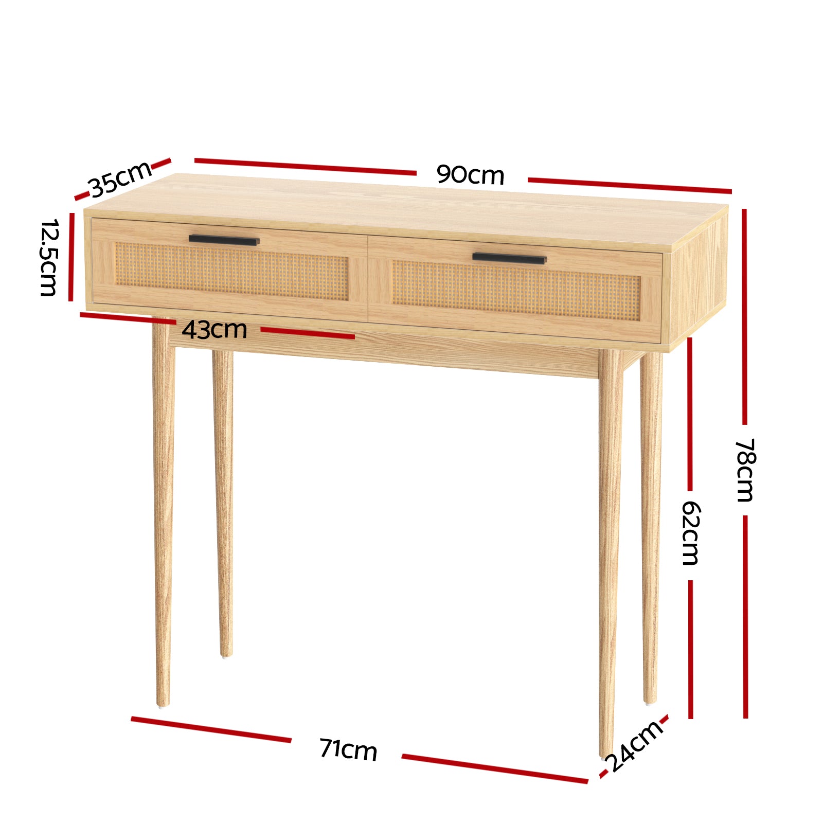 Rattan console table dimensions diagram: 90×35×78cm, drawer depth 43cm, leg height 62cm