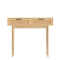 Oak console table front view: two rattan-weave drawers with black bar handles and tapered wood legs, white background