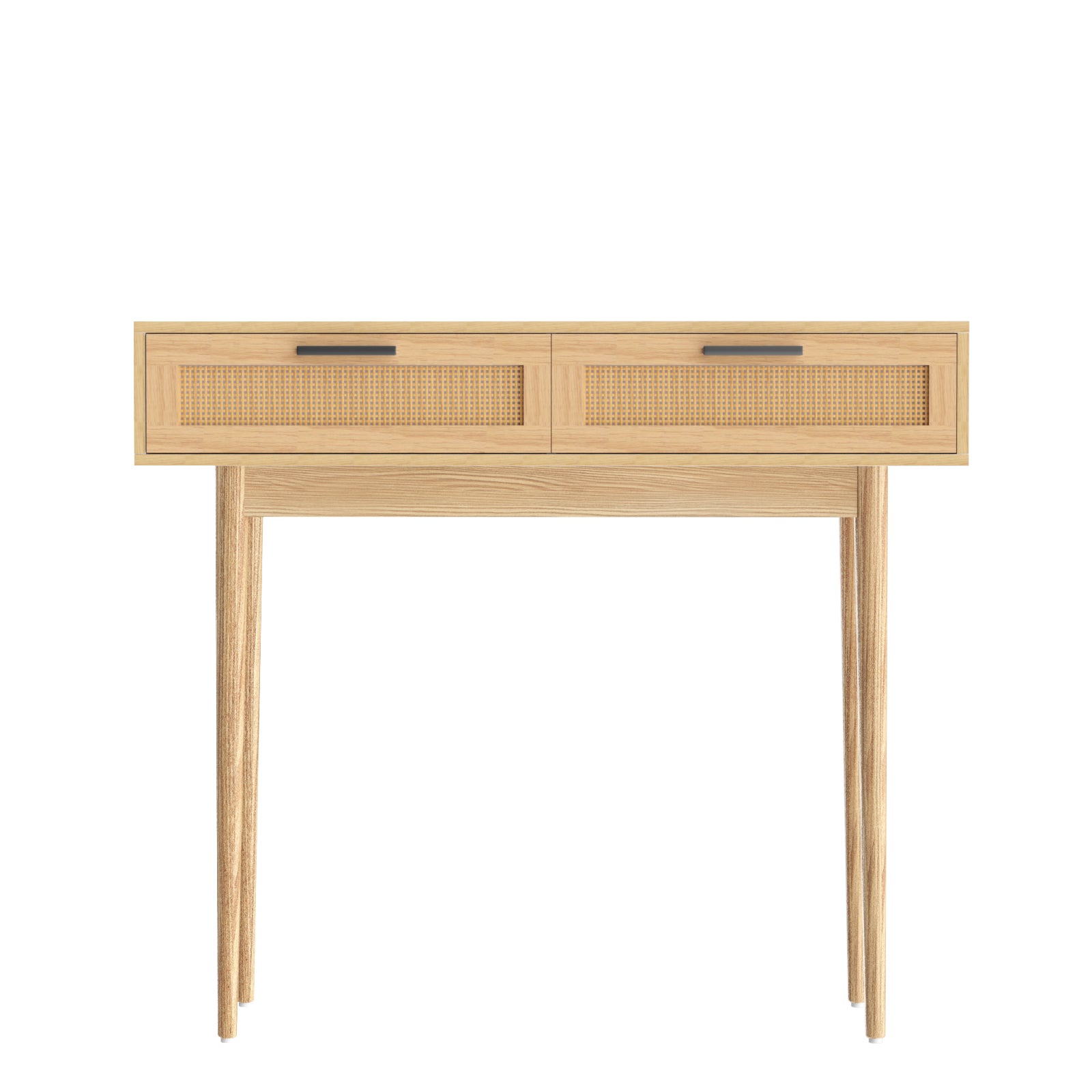 Oak console table front view: two rattan-weave drawers with black bar handles and tapered wood legs, white background