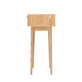 Rattan oak console table side view showing tapered wood legs and oak grain side panel, white background