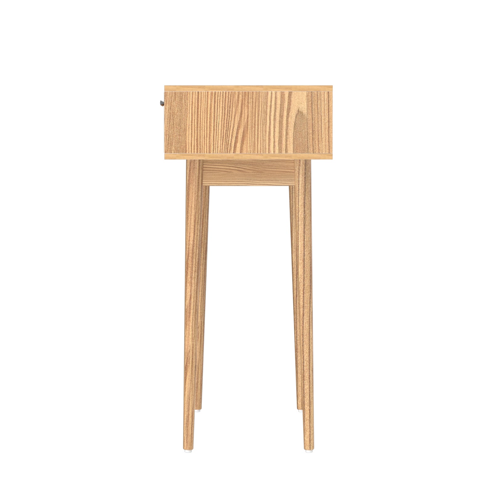 Rattan oak console table side view showing tapered wood legs and oak grain side panel, white background