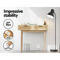 Rattan oak console table in office room; callouts: max 75kg capacity, extra fixing bracket, floor protectors