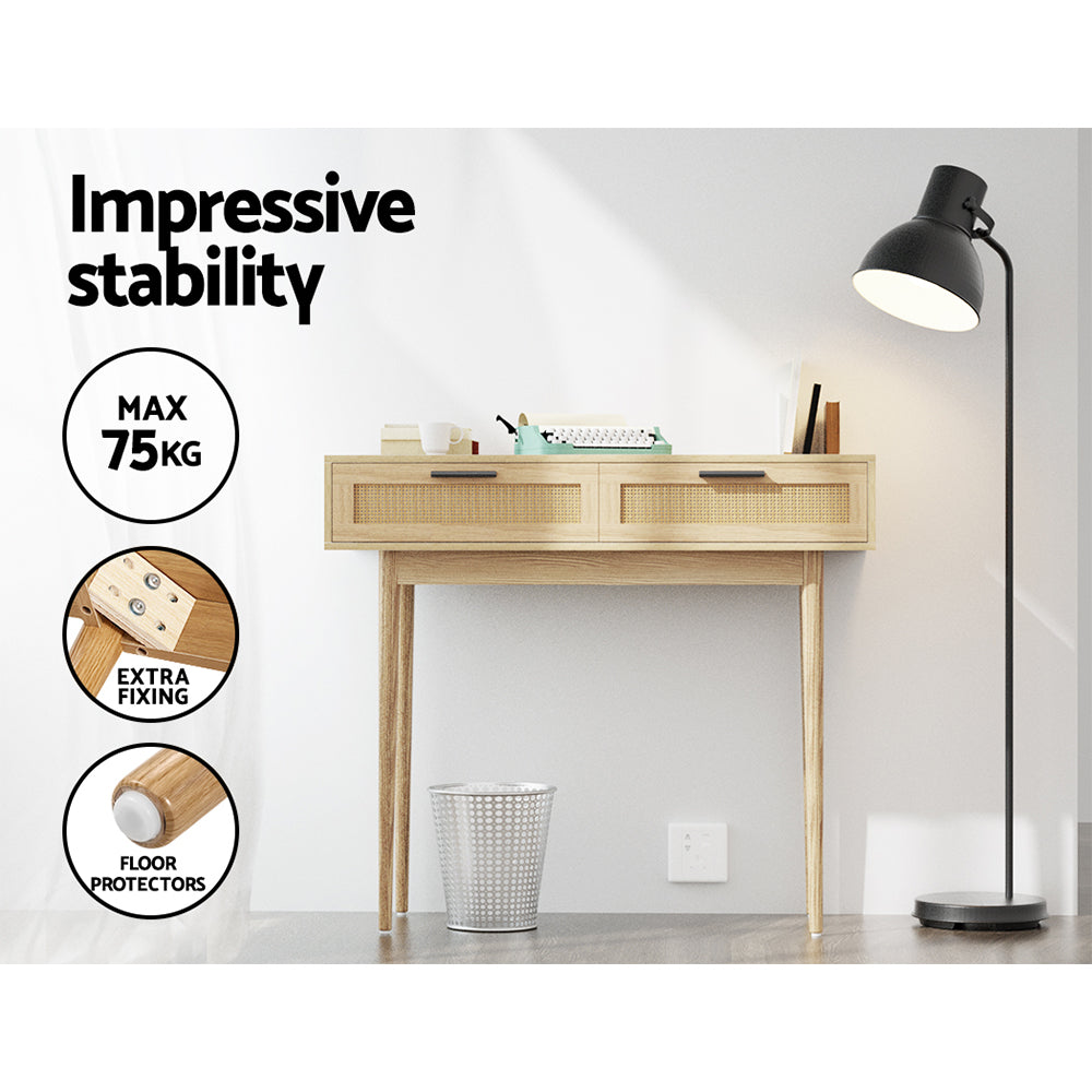 Rattan oak console table in office room; callouts: max 75kg capacity, extra fixing bracket, floor protectors